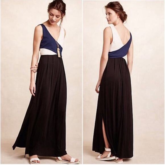 Anthropologie Maeve Elysian Maxi Dress blue ivory cream black colorblock - Picture 1 of 7